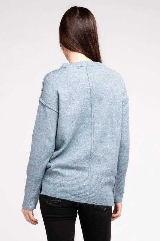 Zenana Hi-Low Hem Round Neck Sweater