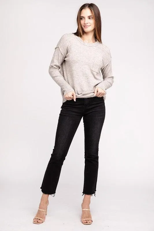 Zenana Hi-Low Hem Round Neck Sweater