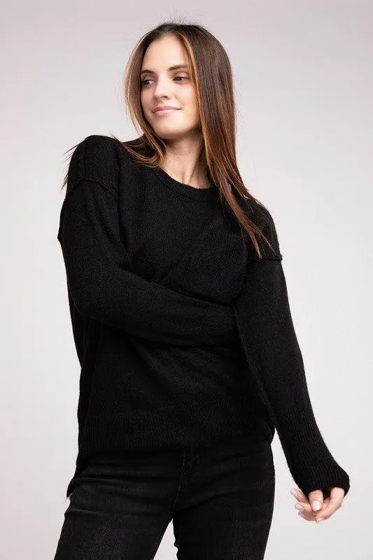 Zenana Hi-Low Hem Round Neck Sweater